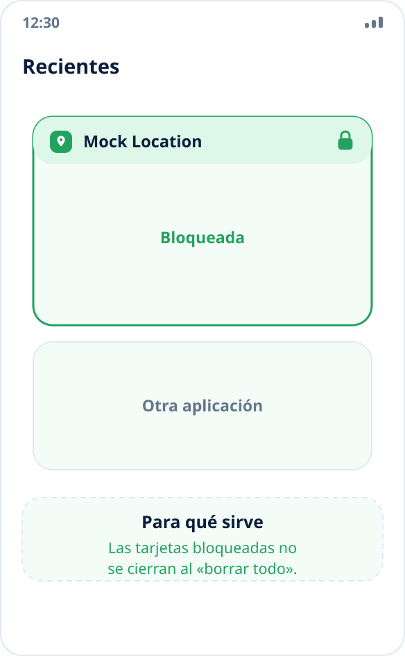 La lista de aplicaciones recientes: la tarjeta de Mock Location está bloqueada con un candado y no se cierra al limpiar