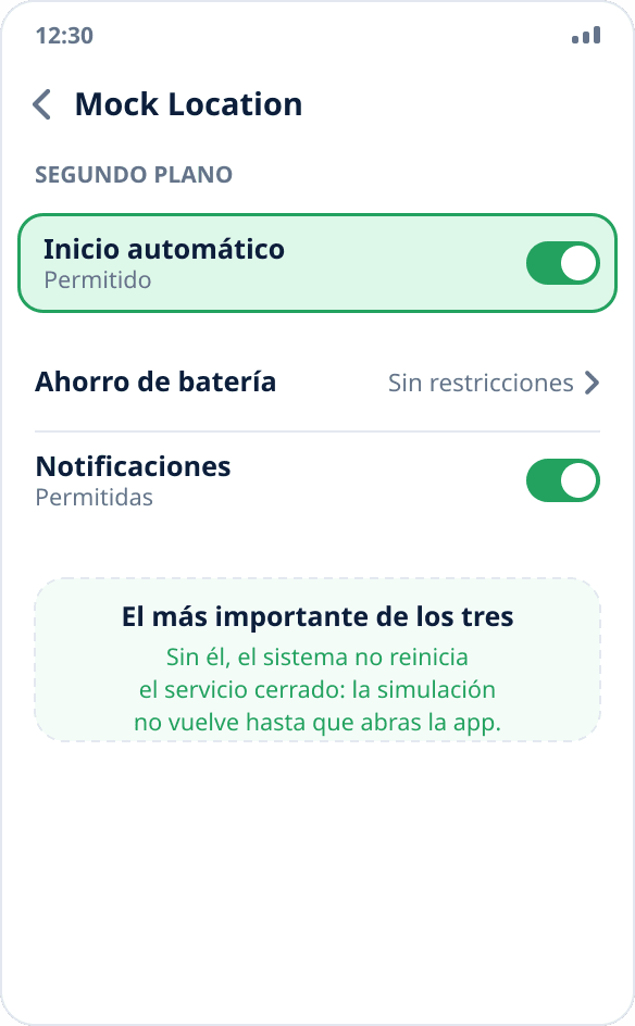 La pantalla de la aplicación en los ajustes de MIUI: el interruptor «Inicio automático» está activado