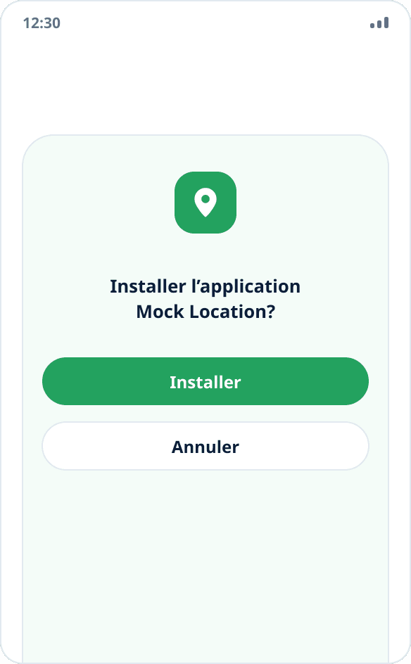 La boîte de dialogue système d’installation de Mock Location avec les boutons « Installer » et « Annuler »