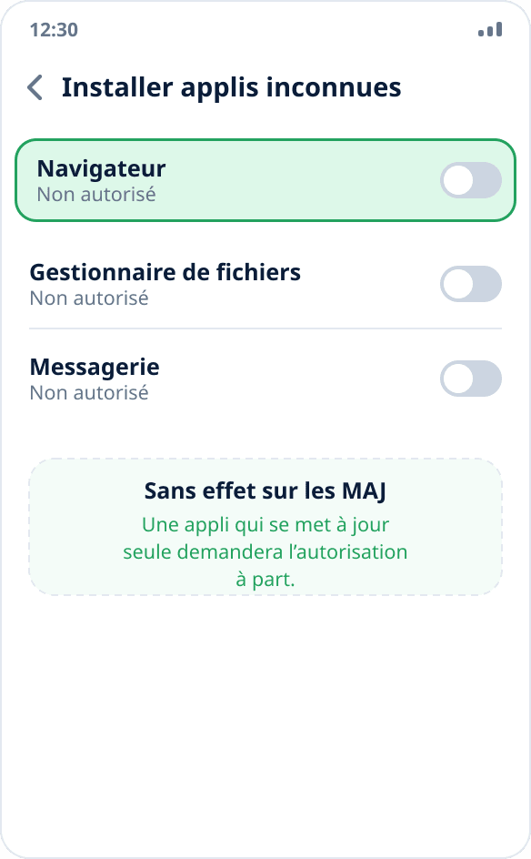 L’autorisation d’installer depuis la source est désactivée après l’installation de l’application
