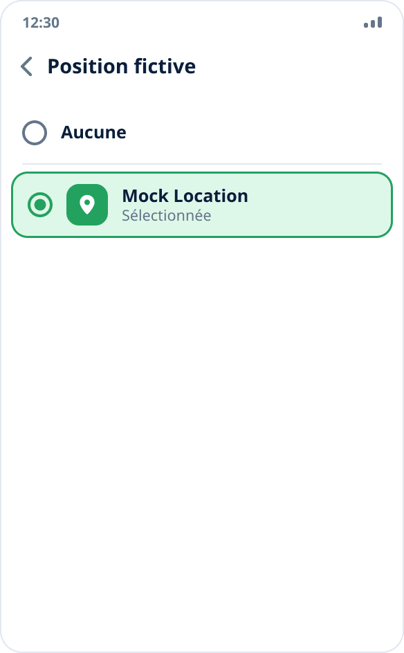Choix de l’application de position fictive : Mock Location est cochée, « Aucune » n’est pas sélectionné