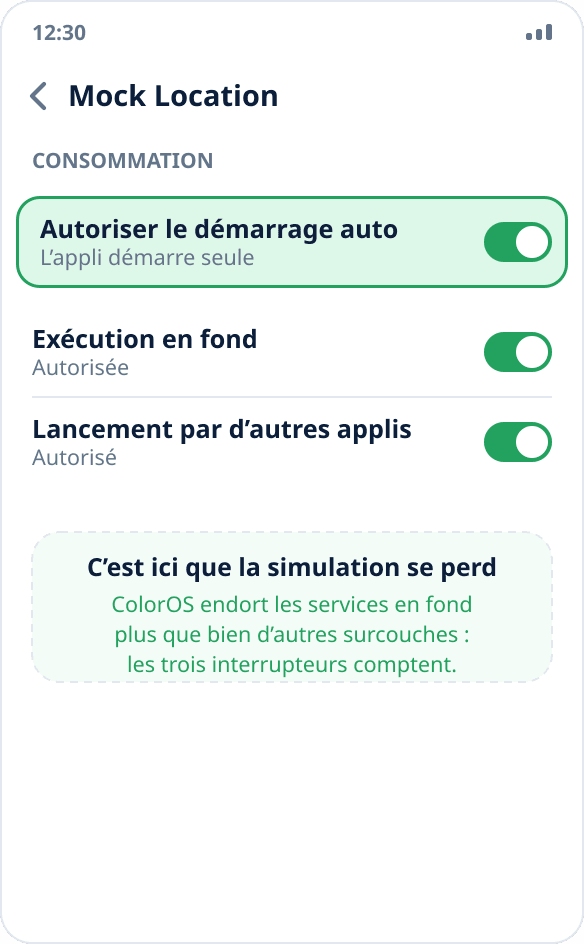 Gestion de l’application sur ColorOS : démarrage automatique et activité en arrière-plan autorisés pour Mock Location