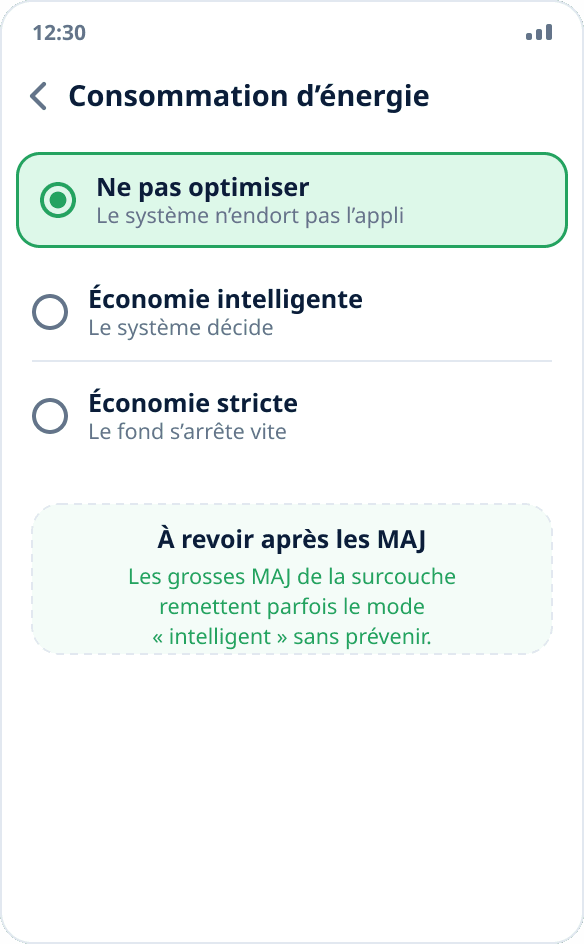 Choix du mode de consommation sur ColorOS : « Ne pas optimiser » est sélectionné pour l’application