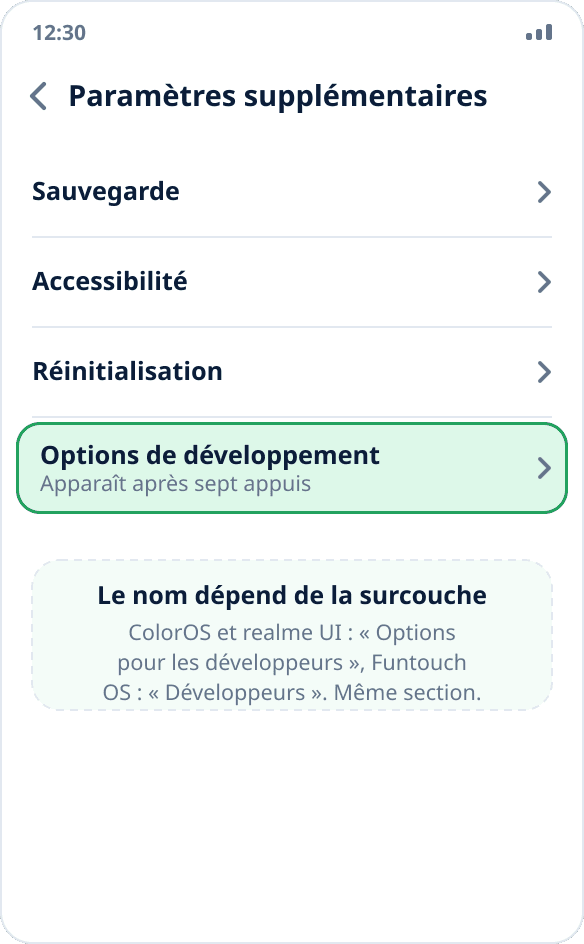 La section « Paramètres supplémentaires » sur ColorOS : « Options pour les développeurs » en fin de liste