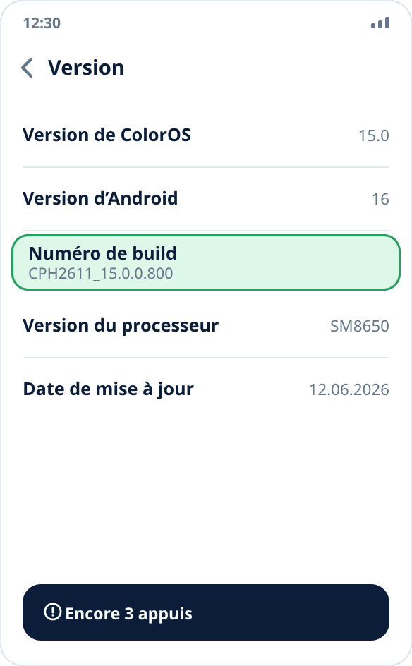 L’écran « Version » sur realme et OPPO : l’élément « Numéro de build », à toucher sept fois