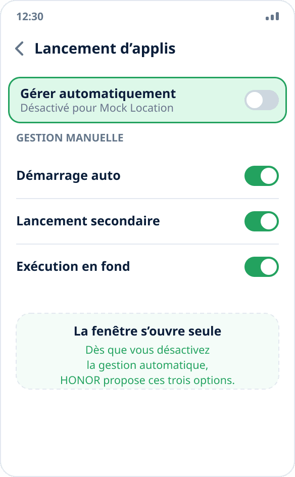 Gestion du lancement de l’application sur HONOR : mode manuel avec lancement automatique, lancement secondaire et exécution en arrière-plan activés