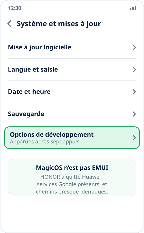 La section « Système et mises à jour » sur HONOR : « Options pour les développeurs » après l’activation du mode