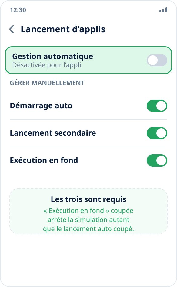 Paramètres Huawei : la gestion automatique du lancement est désactivée pour Mock Location, trois interrupteurs sont activés