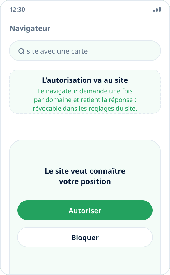 Demande d’accès à la position dans le navigateur : une fois autorisé, le site reçoit les coordonnées simulées