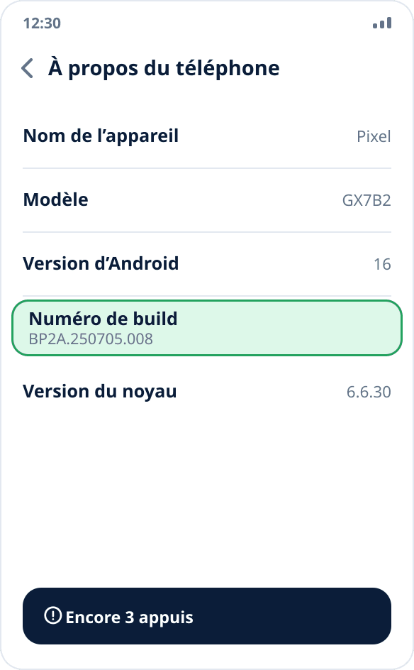 L’écran « À propos du téléphone » dans les paramètres Android : l’élément « Numéro de build » est mis en évidence, avec en bas le nombre d’appuis restants