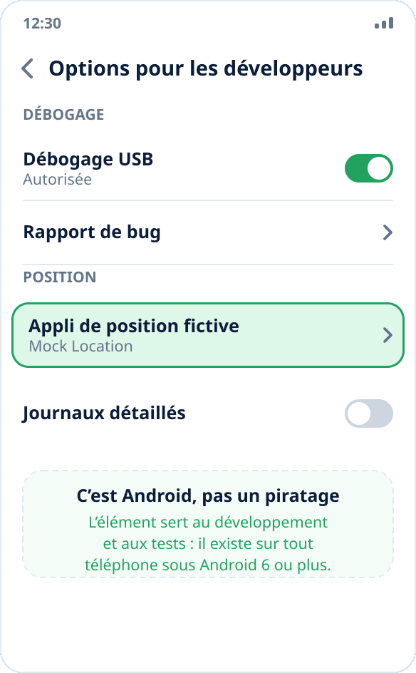 L’élément « Sélectionner l’application de position fictive » dans les options pour les développeurs d’Android, à côté du débogage USB