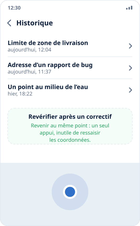 L’historique des lancements dans Mock Location : on revient en un appui à un point d’un test précédent