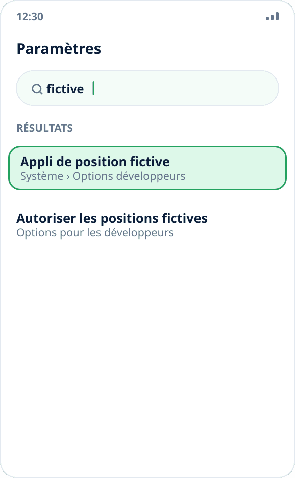 Recherche dans les paramètres Android : l’élément « Sélectionner l’application de position fictive » est trouvé