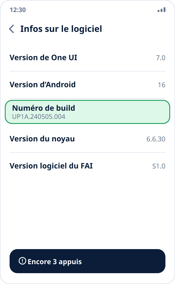 L’écran « Informations sur le logiciel » sur Samsung : l’élément « Numéro de version », à toucher sept fois, est mis en évidence