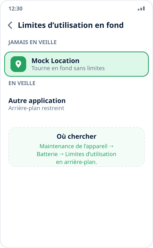 Paramètres Samsung : Mock Location est ajoutée à la liste des applications jamais en veille