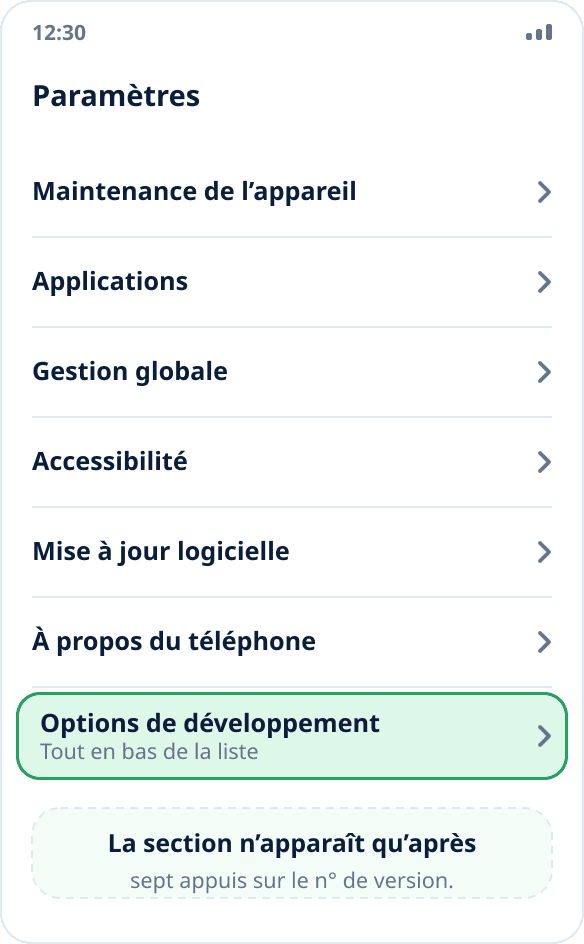 La liste principale des paramètres Samsung : « Options de développement » se trouve tout en bas