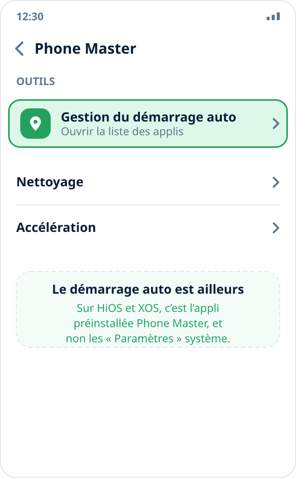 L’application Phone Master sur Tecno et Infinix : la section « Gestion du démarrage auto » avec l’interrupteur activé