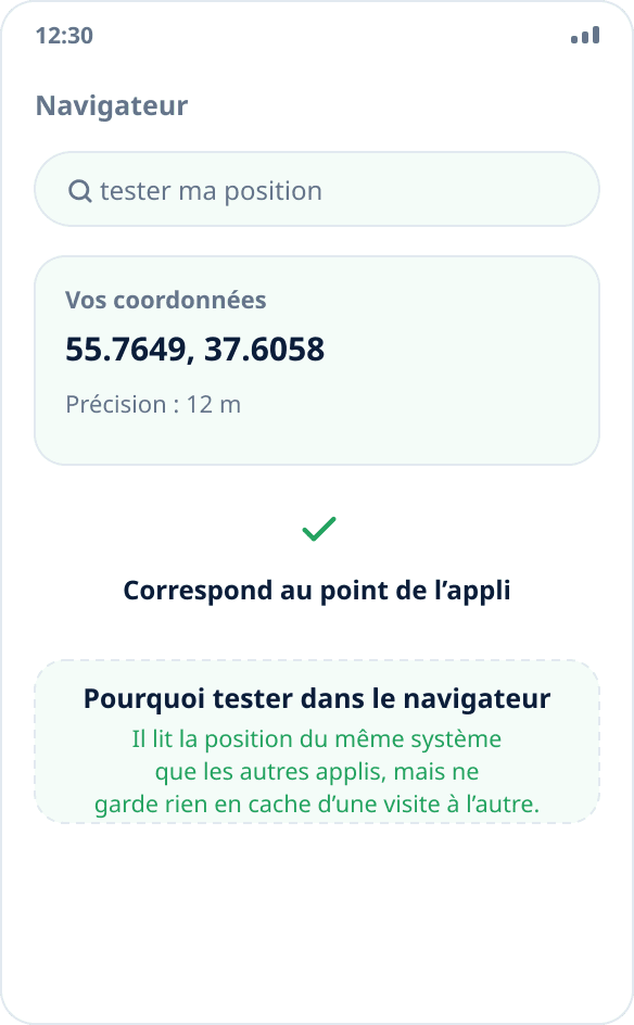 Vérification de la position dans le navigateur : la page affiche des coordonnées identiques au point choisi