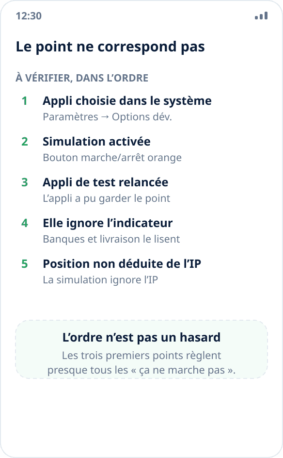Une application affiche la position réelle au lieu de la position simulée : la liste des causes à vérifier