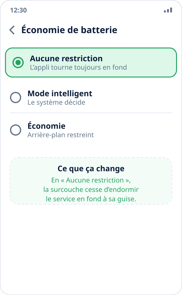 Choix du mode d’économie de batterie pour l’application : « Aucune restriction » est sélectionné