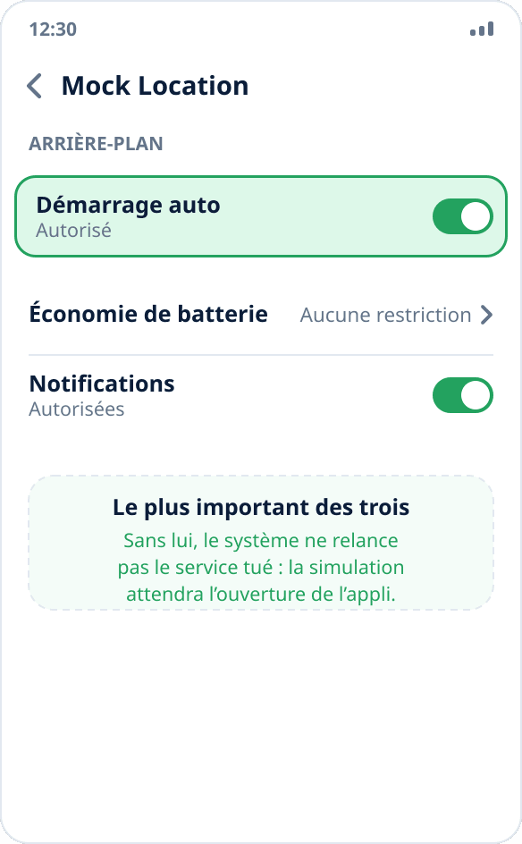 L’écran de l’application dans les paramètres MIUI : l’interrupteur « Démarrage automatique » est activé