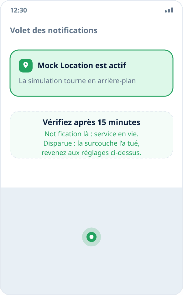 La notification permanente de Mock Location dans le volet : la simulation de position tourne en arrière-plan