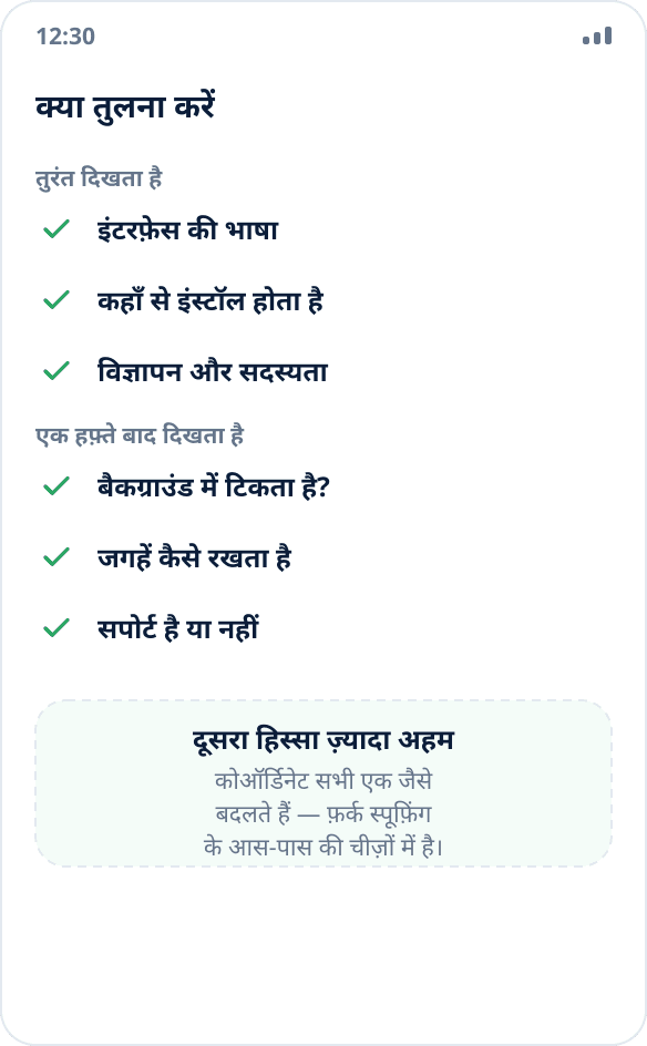 लोकेशन स्पूफ़िंग ऐप चुनने की चेकलिस्ट: भाषा, इंस्टॉल का सोर्स, बैकग्राउंड में व्यवहार, जगहें रखना, विज्ञापन