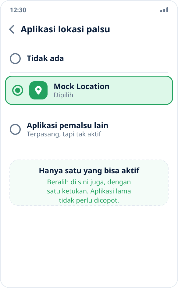 Daftar aplikasi lokasi palsu: dua terpasang, satu dipilih — sistem hanya mengizinkan satu yang aktif