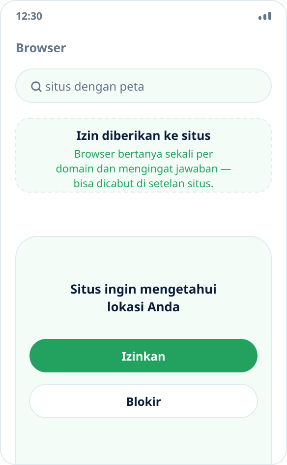 Permintaan browser untuk akses lokasi: setelah diizinkan, situs menerima koordinat palsu