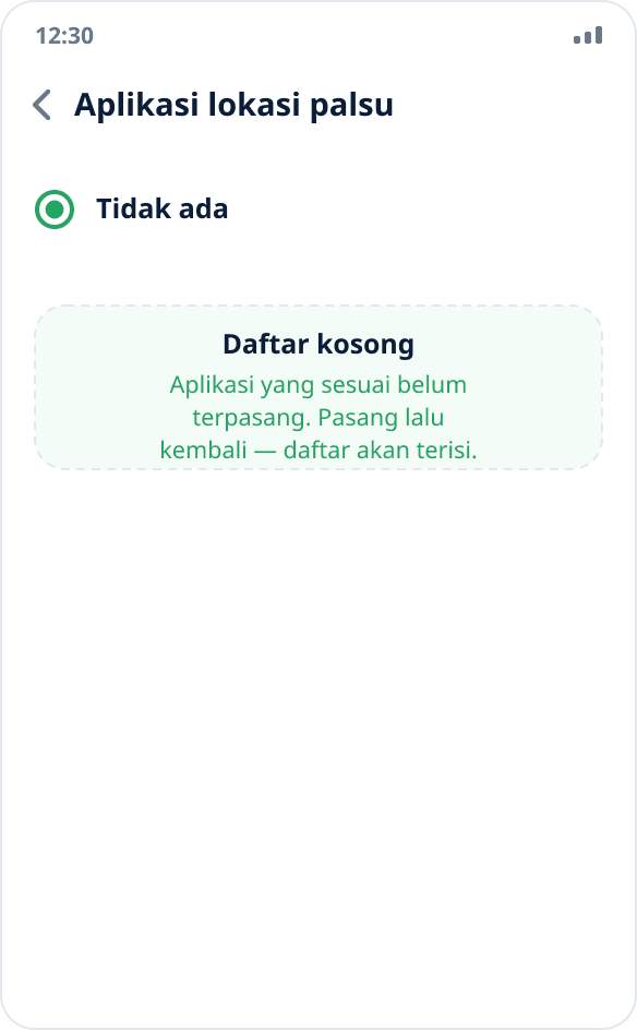 Daftar aplikasi lokasi palsu yang kosong: “Tidak ada” dipilih, aplikasi yang sesuai belum terpasang