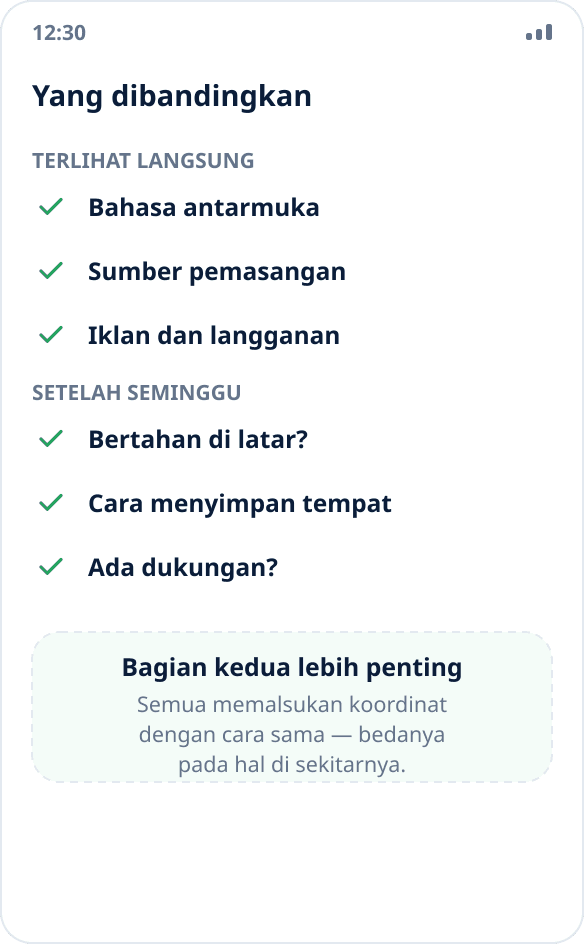 Daftar periksa memilih aplikasi pemalsu lokasi: bahasa, sumber pemasangan, perilaku latar, penyimpanan tempat, iklan