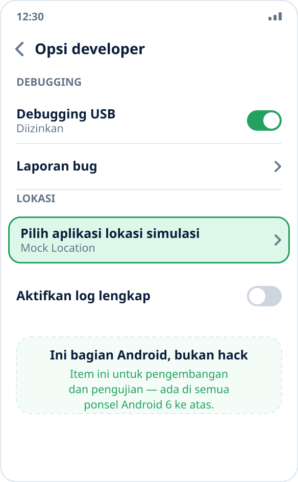 Item “Pilih aplikasi lokasi simulasi” di opsi developer Android — di dekat debugging USB