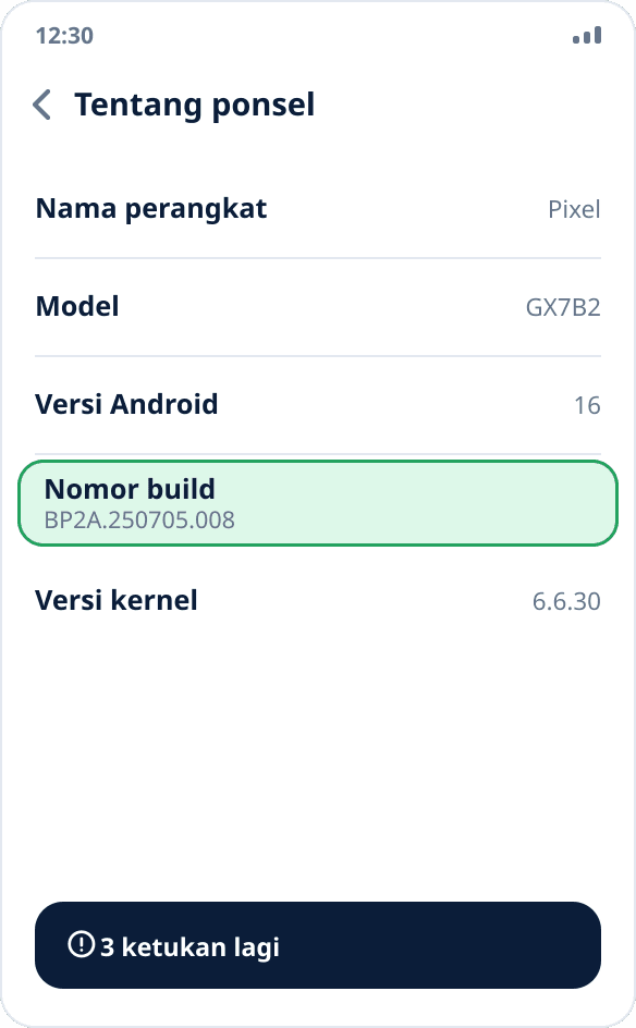 Layar “Tentang ponsel” di setelan Android: item “Nomor build” disorot, di bawah ada petunjuk sisa ketukan