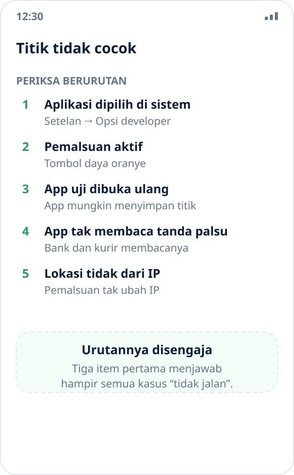 Aplikasi menampilkan lokasi asli, bukan lokasi palsu: daftar penyebab yang perlu diperiksa