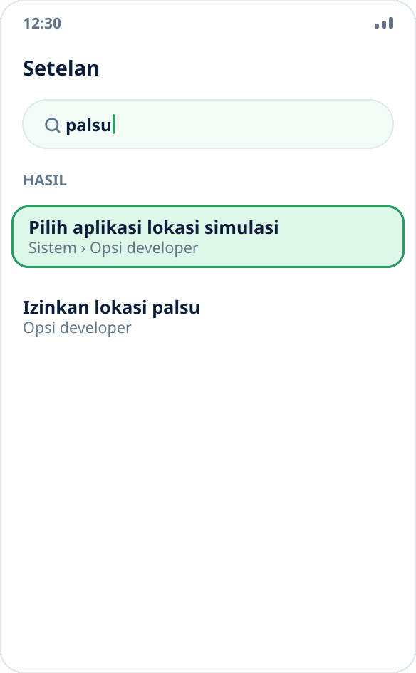 Pencarian setelan Android dengan kata “palsu”: item “Pilih aplikasi lokasi simulasi” ditemukan