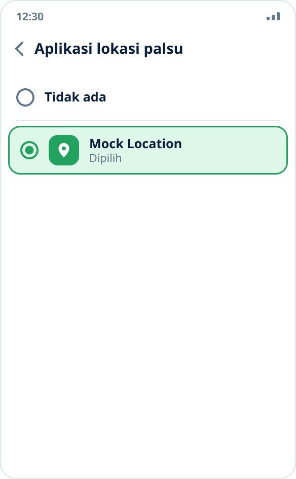 Memilih aplikasi lokasi palsu: Mock Location dicentang, “Tidak ada” tidak dipilih