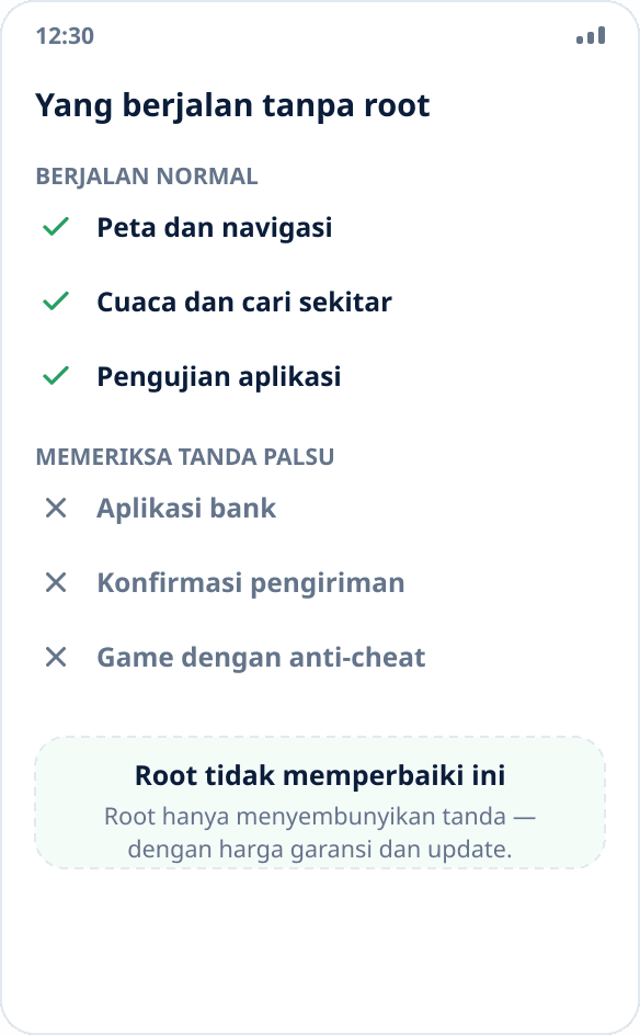 Perbandingan skenario: peta, cuaca, dan pengujian berjalan tanpa root; aplikasi bank dan anti-cheat tidak