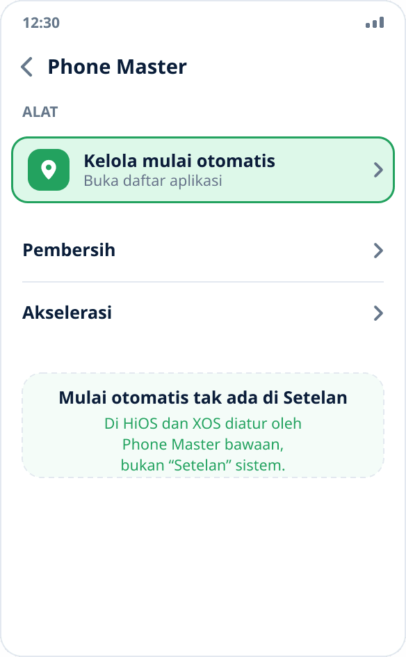 Aplikasi Phone Master di Tecno dan Infinix: bagian “Kelola mulai otomatis” dengan sakelar aktif