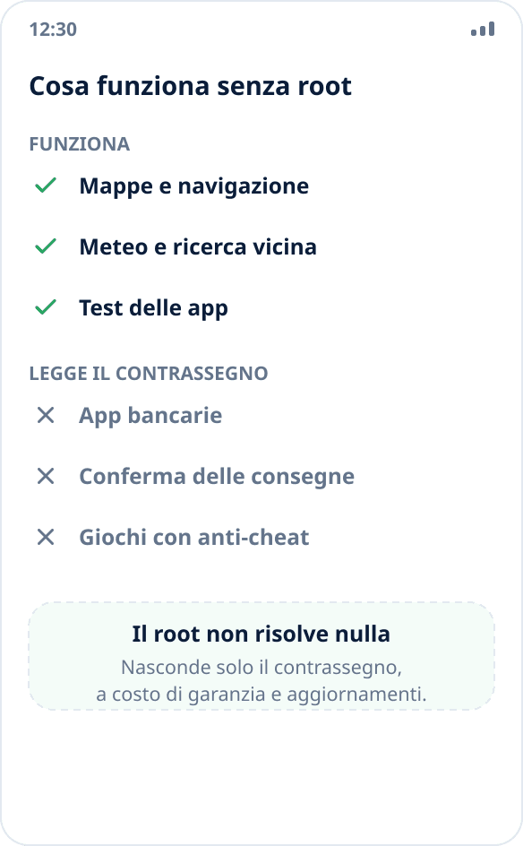 Confronto degli scenari: mappe, meteo e test funzionano senza root, app bancarie e anti-cheat no