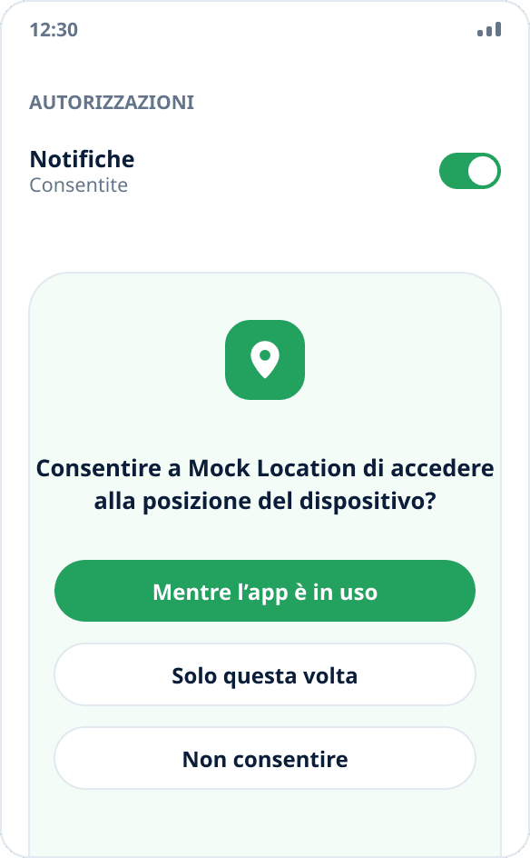 Richiesta di sistema di Android per l’accesso alla posizione da parte dell’app Mock Location