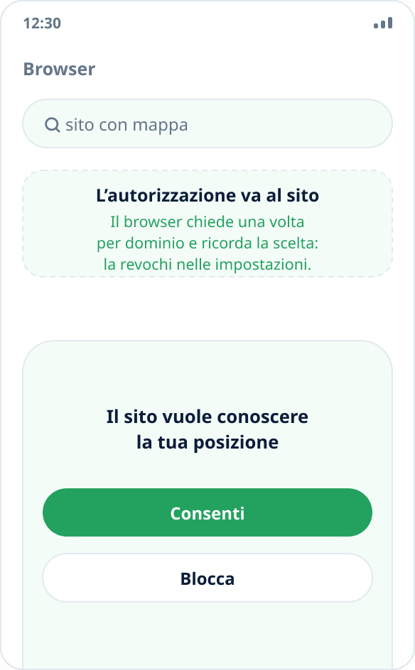 Richiesta del browser per l’accesso alla posizione: dopo l’autorizzazione il sito riceve le coordinate simulate