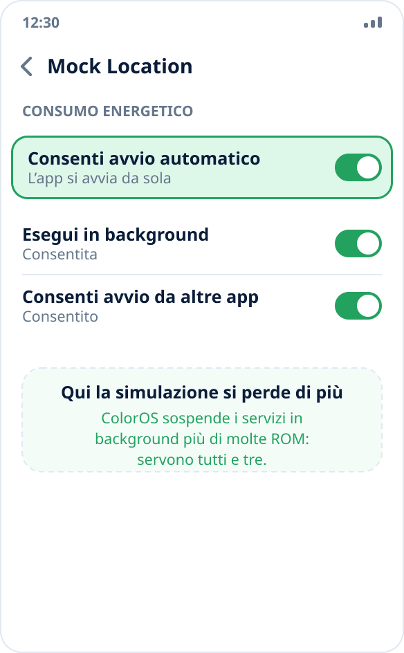 Gestione app su ColorOS: avvio automatico e attività in background consentiti per Mock Location