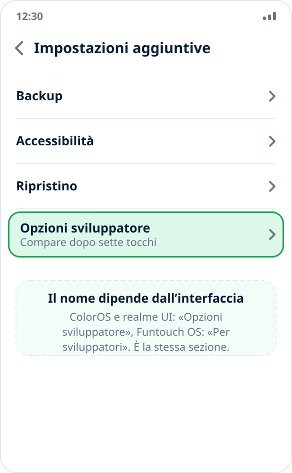 La sezione «Impostazioni aggiuntive» su ColorOS: «Opzioni sviluppatore» in fondo all’elenco