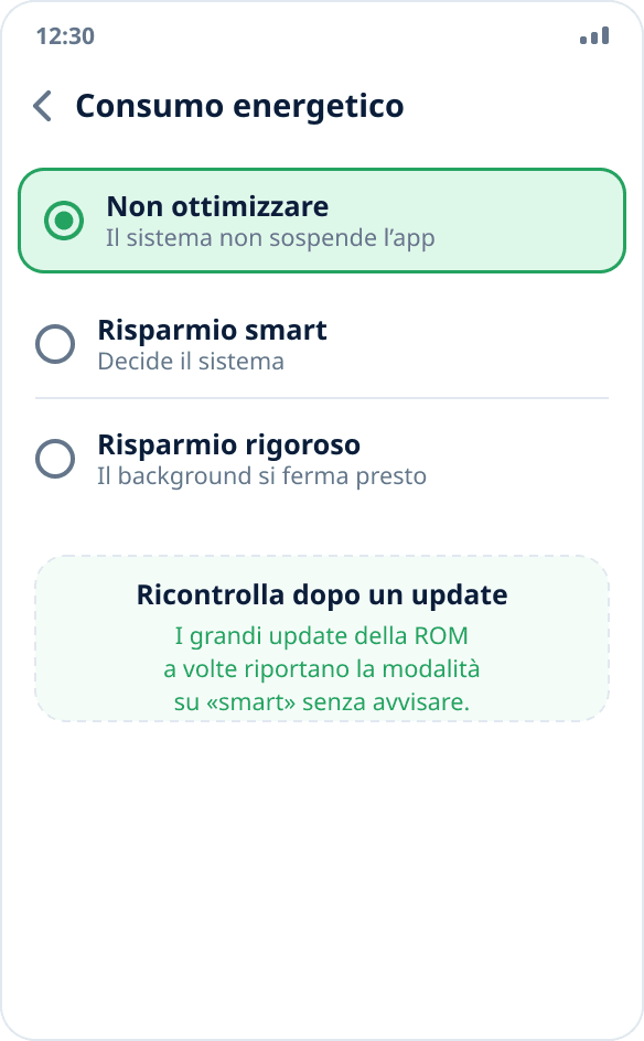 Scelta della modalità di consumo energetico su ColorOS: per l’app è selezionato «Non ottimizzare»