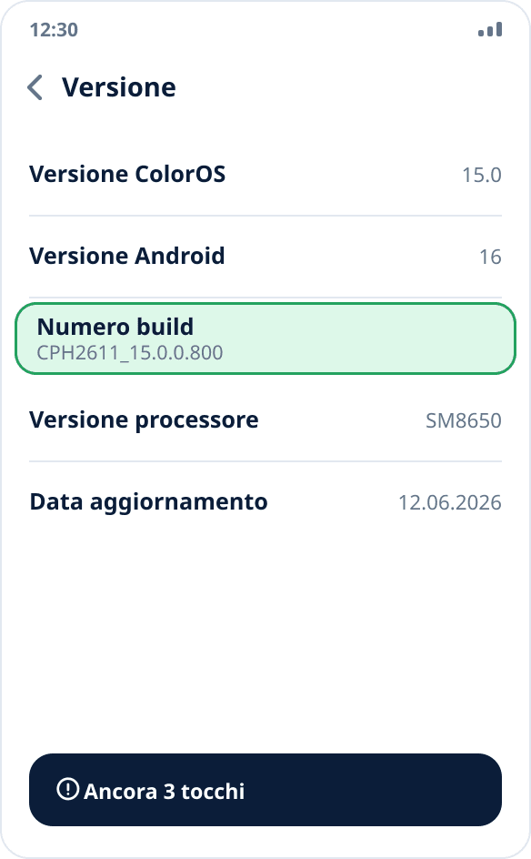 La schermata «Versione» su realme e OPPO: la voce «Numero build» da toccare sette volte