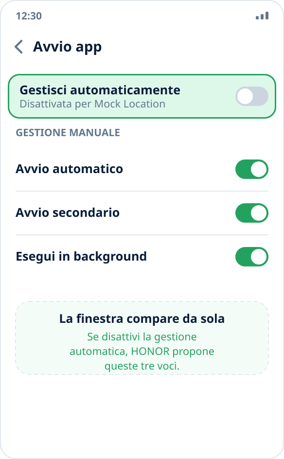 Gestione dell’avvio app su HONOR: modalità manuale con avvio automatico, avvio secondario ed esecuzione in background attivi