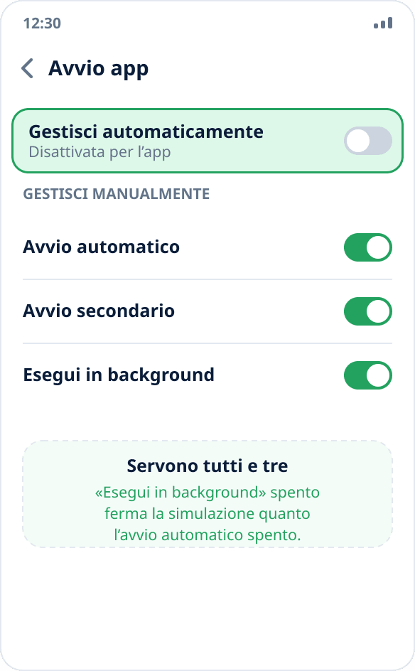 Impostazioni Huawei: per Mock Location la gestione automatica dell’avvio è disattivata, tre interruttori sono attivi