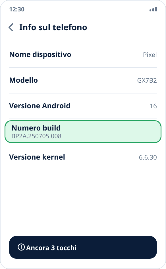 La schermata «Informazioni sul telefono» nelle impostazioni Android: è evidenziata la voce «Numero build», in basso un suggerimento sui tocchi rimanenti