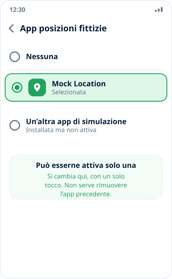 L’elenco delle app per posizioni fittizie: due installate, una selezionata, il sistema consente una sola app attiva