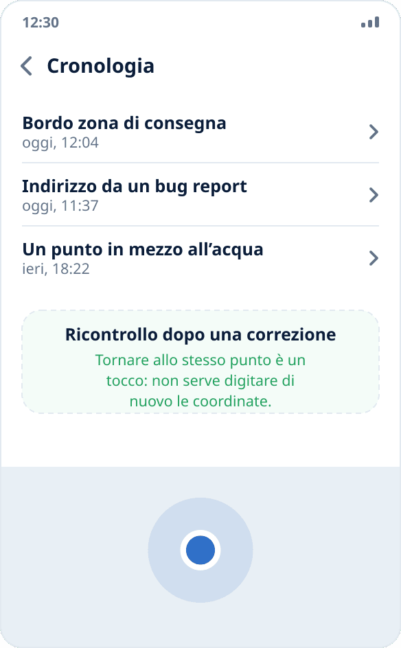 Cronologia degli avvii in Mock Location: a un punto di un test precedente si torna con un tocco